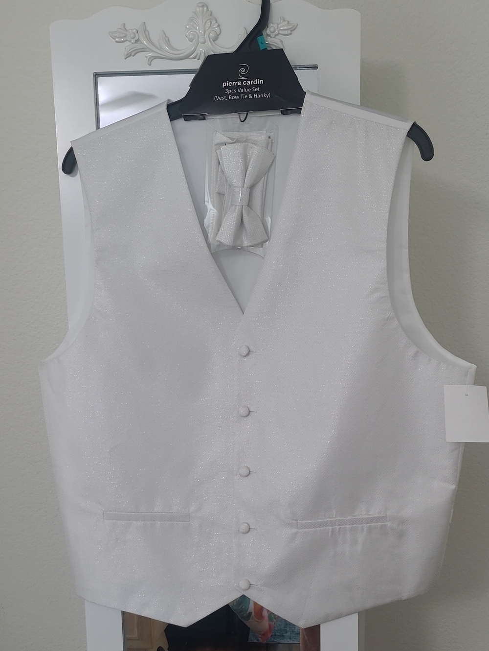 Pierre Cardin White Men’s Dress Vest with Bow Tie Hanky Set